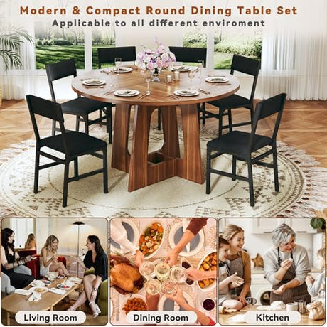 HUAHUU Round Dining Table Set for 6, 7-Piece Kitchen Table and Chairs for 6, 47'' Round Dining Room Table Set with 6 Chairs, Space Saving Dining Table with Wood Base for Kitchen, Living Room, Brown HUAHUU