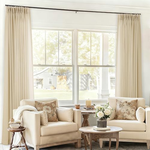 Beige Tan Linen 102 Inch Curtains 72 Inch Wide for Living Room Divider Privacy Pinch Pleated Drapes Hooks Rings Back Tab Farmhouse Light Filtering Extra Wide Sheer Curtains for Patio Balcony 72x102 DUKIYO