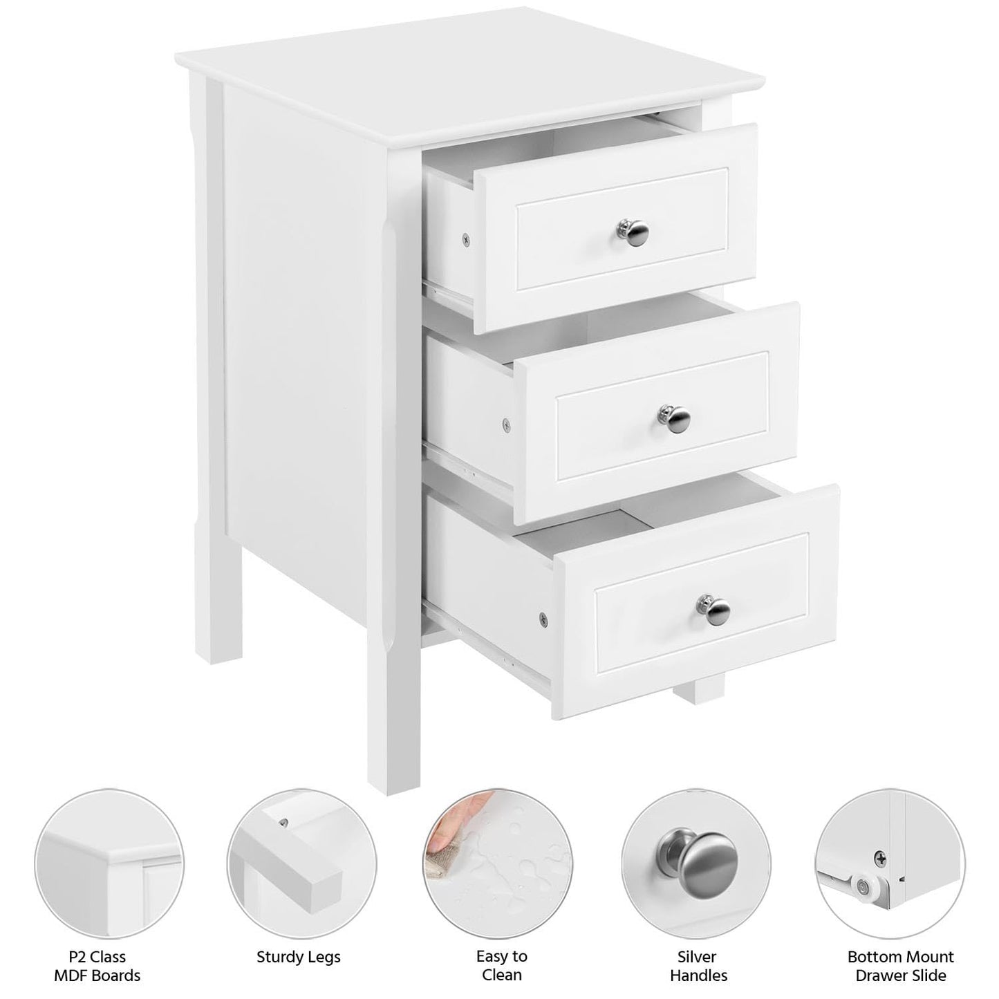 Yaheetech Bedside Table Set of 2, Nightstand with 3 Drawer and Solid Wood Legs, Accent Night Stand with Storage Cabinet for Home Office/Small Space, 16″ D × 16″ W × 24″ H, White