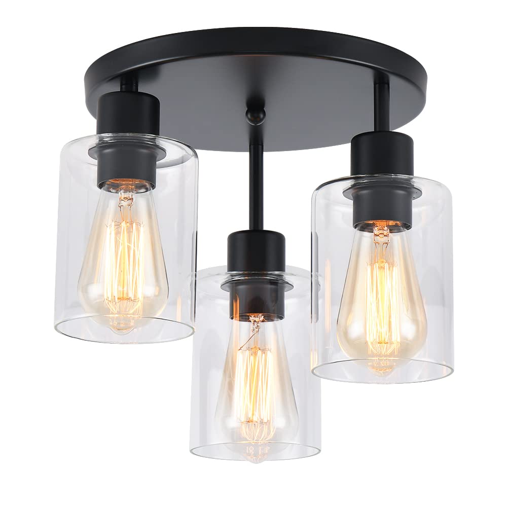 IHENGYANLT 3-Light Industrial Farmhouse Black Matte Light Fixtures Ceiling Mount, with Clear Glass Shades Semi Flush Mount Ceiling Light, for Hallway Fixtures Kitchen, Foyer IHENGYANLT