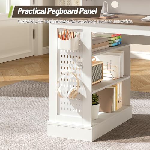 STHYTON 55inch Farmhouse Executive Desk with 2 Drawers and File Cabinet, Computer Desk with 3-Tier Storage Shelves, Home Office Desk with Charging Station, Pegboard and Monitor Shelf, White and Walnut STHYTON