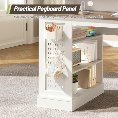 STHYTON 55inch Farmhouse Executive Desk with 2 Drawers and File Cabinet, Computer Desk with 3-Tier Storage Shelves, Home Office Desk with Charging Station, Pegboard and Monitor Shelf, White and Walnut STHYTON