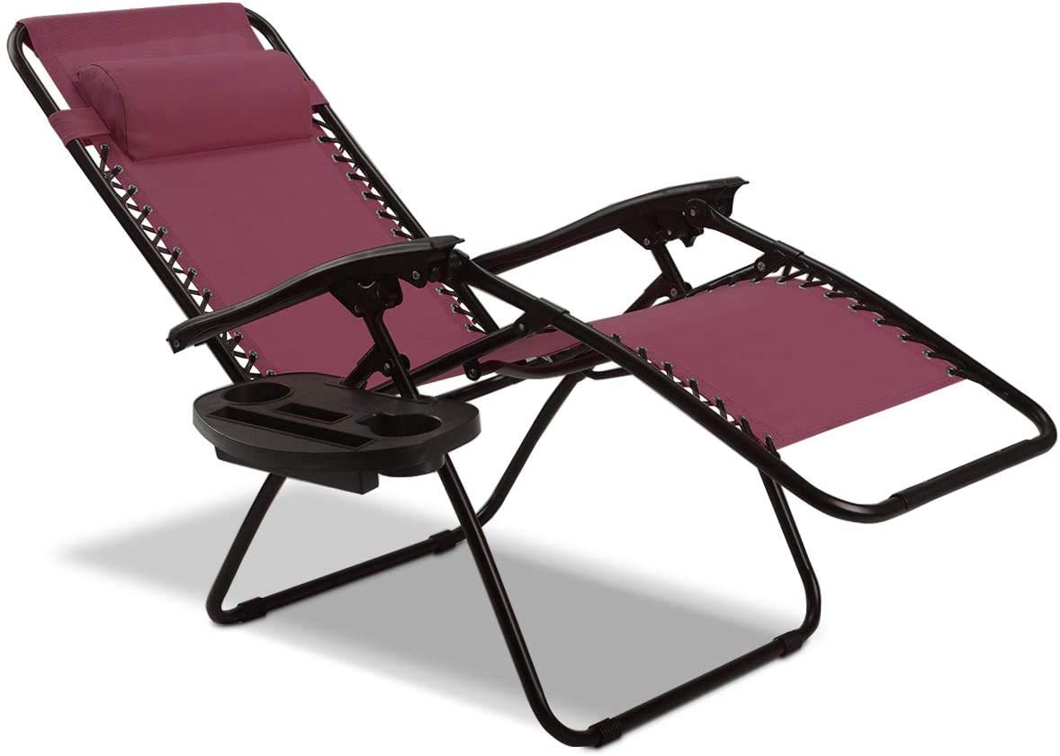 topment Outdoor Zero Gravity Lounge Chair with Pillow & Utility Tray, Folding Patio Lawn Beach Recliner(Wine) topment