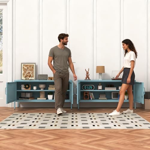 Aiasuit Blue Lockable Metal TV Stand Entertainment Center, Heavy Duty Storage Cabinet Supports 80+ Inch TVs, Multifunctional Media Console for Home Living Room Office 22" H X 35.4" W X 13.8" D Aiasuit