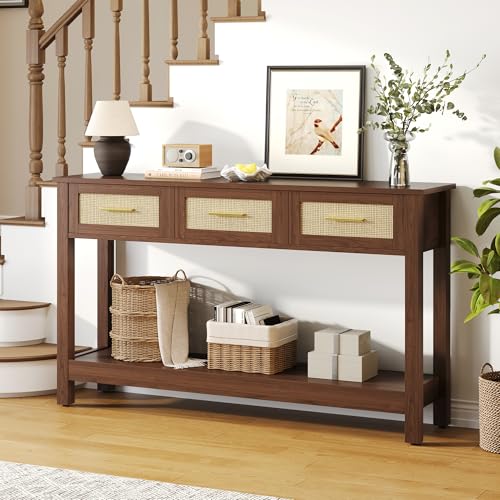 JASIWAY Brown Entryway Table with Storage, 47" Rattan Console Table with Drawers, Narrow Long Foyer Sofa Tables for Living Room, Entryway, Hallway, Front Door, Mesa de Entrada de Puerta, Boho JASIWAY