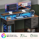 Huuger 55 inch Computer Desk with 4 Drawers, Gaming Desk with LED Lights & Power Outlets, Home Office Desk with Large Storage Space for Bedroom, Work from Home, Rustic Brown Huuger