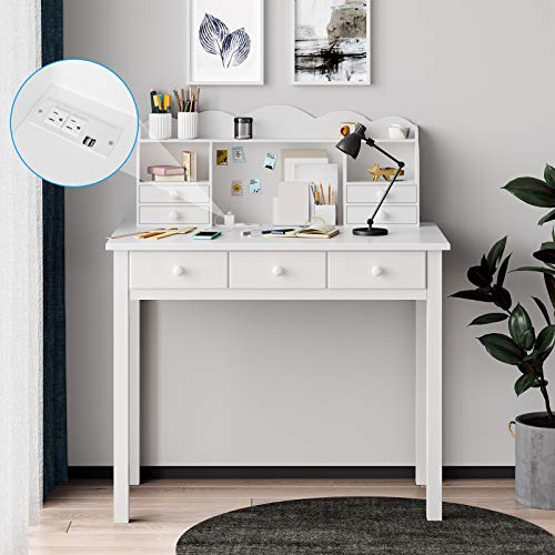 ADORNEVE Writing Desk with USB Port, Home Office Desk with Drawers and Hutch, 36.2" Study Table Computer Desk for Student/Adults, Computer Work Station with Storage Shelf, 7 Drawers, White ADORNEVE