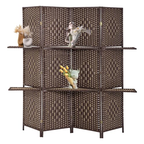 FDW Room Divider 4 Panel Room Screen Divider Wooden Screen Folding Portable Partition Screens Wood with Removable Storage Shelves Color,Brown FDW
