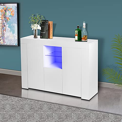MazeStone Modern High Gloss Sideboard Buffet Storage Cabinet with Led Lights, Kitchen Sideboard with Storage White Buffet Table with Open Shelves Wooden Bar Cabinet for Dining Room Hallway Living Room