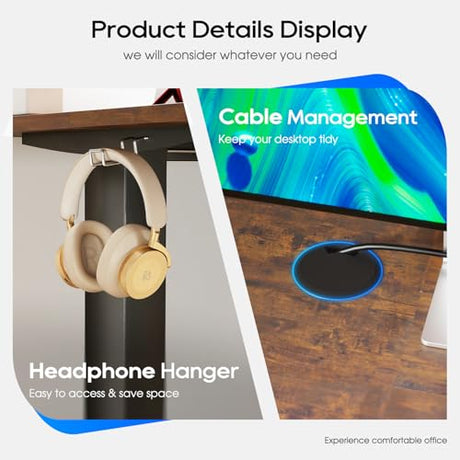PayLessHere Electric Standing Desk 48x24 Inch Height Adjustable Desk Large Space Office Computer Desk with Headphone Holder 2 Memory Function for Home Office,Brown PayLessHere