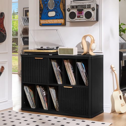 LEYAOYAO Large Record Player Stand with Vinyl Storage Up to 450 Albums, Wood Fluted Boho Record Storage Accent Cabinet, Modern Stereo Media Cabinets, Wide Turntable Stand for Living Room, Black Oak LEYAOYAO