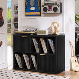 LEYAOYAO Large Record Player Stand with Vinyl Storage Up to 450 Albums, Wood Fluted Boho Record Storage Accent Cabinet, Modern Stereo Media Cabinets, Wide Turntable Stand for Living Room, Black Oak LEYAOYAO