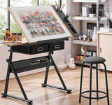 Height Adjustable Drafting Table,0-75° Art Craft Desk Drawing Table Artist Desk Tilting Tabletop Watercolor Paintings Sketching Work Station w/2 Storage Drawers and Stool for Home Office Oak CuisinSmart