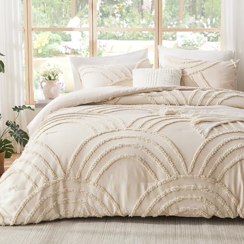 ENJOHOS Full Boho Comforter Set for College Girls - 3 Pieces Beige Tufted Rainbow Comforter, Lightweight Soft Microfiber Bedding with 2 Pillowcase for All Season ENJOHOS