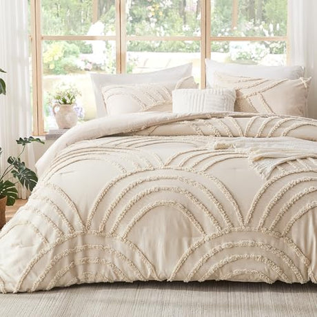 ENJOHOS Boho Queen Comforter Set Beige Tufted Rainbow Bedding for Queen Size Bed, Boho Chic Decor, 3 Pieces Lightweight Fluffy Soft Microfiber Cream Comforter with 2 Pillow Cases for All Season ENJOHOS