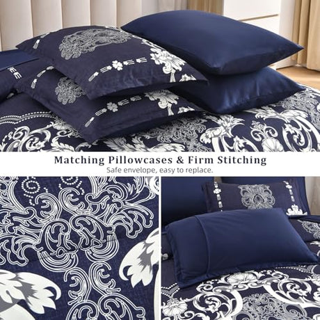 Mybedsoul 7 Pieces Navy Blue Comforter Set King Size, Damask Bed in a Bag for King Bed, Lightweight Microfiber Boho Bedding Sets with Comforter, Sheet, Pillowcases & Shams for All Season(90"x104") Mybedsoul