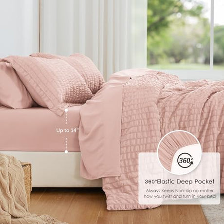 Love's cabin Seersucker Pink Twin Comforter Set, 5-Piece All Season Lightweight Bed in a Bag Bedding Set with Comforter, Flat Sheet, Fitted Sheet, Pillowcase and Sham Love's cabin