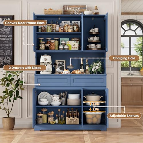 FACBOTALL 74" Pantry Cabinet, Tall Kitchen Pantry Cabinet with 6 Doors and 2 Drawers, Kitchen Hutch with Wide Countertop, Modern Kitchens Cupboard with Adjustable Shelves and Charge Holes, Blue FACBOTALL