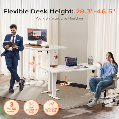 Huuger 63 x 28 Large Electric Standing Desk, Height Adjustable Computer Desk, 27.6" Deep Desktop, Stand up Gaming Office Table with 2 Hooks, 3 Preset Heights, for Home Office, White Huuger