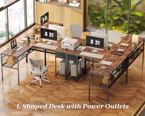 L-Shaped Rustic Brown Desk with Power Outlets and Storage Solutions - WoodArtSupply