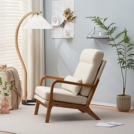 JOYBASE Lounge Accent Chair, Mid Century Modern Chair, High Back Chair, Wood Frame Armchair, Comfy Reading Chair for Living Room, Office, Bedroom (Off-White, Fabric), 34.6''D x 25.6''W x 36.6''H JOYBASE