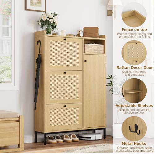 GarveeHome Shoe Cabinet Rattan with 3 Flip Drawers and 4-Tier Shoe Storage Cabinet, Freestanding Shoe Organizer with Adjustable Shelves for Entryway, Closet, Hallway (Light Oak) GarveeHome