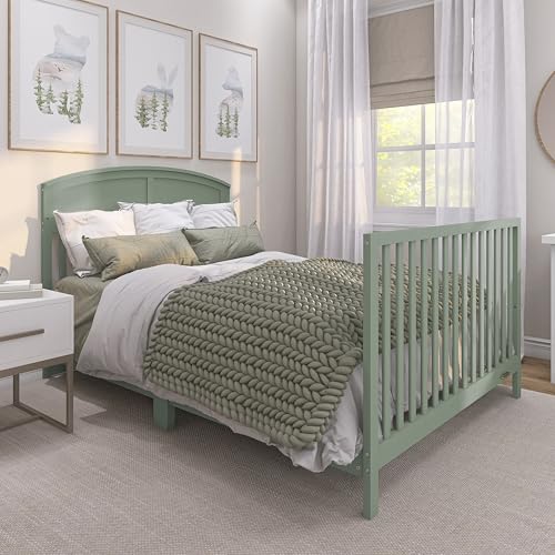 Dream On Me Storybrooke 5-in-1 Convertible Full-Size Baby Crib, GreenGuard Gold & BSA Certified, Convert to Toddler, Day & Full-Size Bed Sustainable Pinewood, 3 Mattress Height Settings - Meadow Green