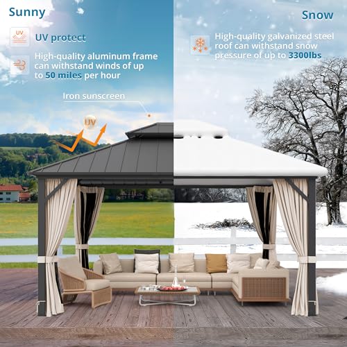 LUE BONA 12x14 Hardtop Gazebo, Galvanized Steel Double Roof Permanent Gazebo Pavilion with Aluminum Frame, Outdoor Metal Gazebo Canopy with Nettings and Curtains for Deck, Patio, Backyard LUE BONA