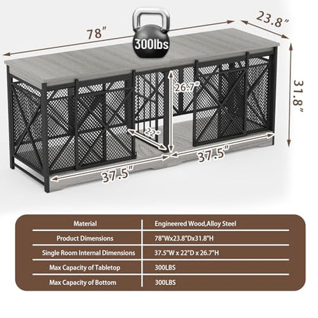 COZPAW 78 Inch Double Dog Crate Furniture, Extra Large Dog Kennel Indoor for Medium Large 2 Dogs, Heavy Duty Dog Cage Chew-Resistant Steel and Wooden Pet House with Removable Divider (Grey) COZPAW