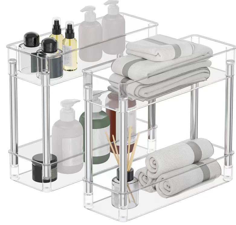 TESOIN Under Sink Organizers and Storage，4 Tier Clear Movable Slim Rolling Storage Cart Bathroom Organizer Under Cabinet Storage, Slide Out Narrow Shelf Organization for Kitchen Bathroom Warehouse TESOIN