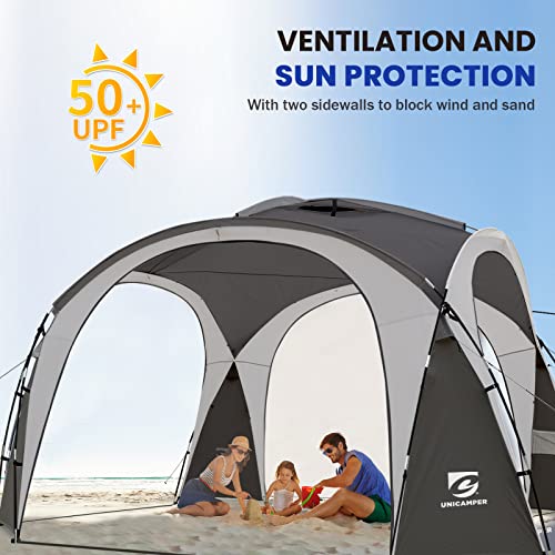 UNICAMPER Beach Tent 12 X 12ft Large UPF50+ Pop Up Canopy with 2-Pcs Side Wall, Sun Shelter Rainproof, Waterproof for Camping Trips, Backyard Fun, Fishing, Parties, Or Picnics(Gary) UNICAMPER