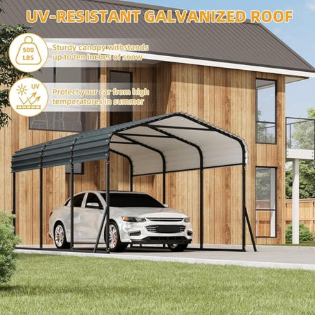 KOKEBREN 10x15 FT Metal Carport, Outdoor Car Port Canopy with Reinforced Base and Galvanized Steel Roof, Heavy Duty Garage Car Shelter Shade for SUV, Truck, Boats KOKEBREN