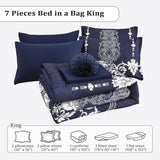 Mybedsoul 7 Pieces Navy Blue Comforter Set King Size, Damask Bed in a Bag for King Bed, Lightweight Microfiber Boho Bedding Sets with Comforter, Sheet, Pillowcases & Shams for All Season(90"x104") Mybedsoul