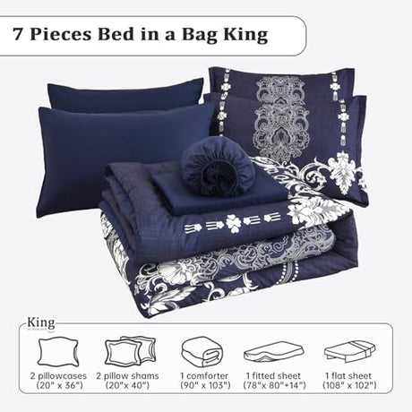Mybedsoul 7 Pieces Navy Blue Comforter Set King Size, Damask Bed in a Bag for King Bed, Lightweight Microfiber Boho Bedding Sets with Comforter, Sheet, Pillowcases & Shams for All Season(90"x104") Mybedsoul