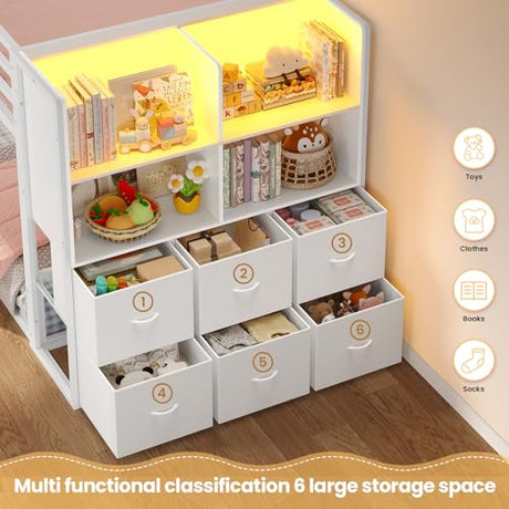 BTHFST Bunk Bed Twin Over Twin with 6 Large Fabric Drawers & 4 Wooden Storage Bookshelf Organizer, Metal Low Bunk Bed for Kids with LED Lights & Safety Ladder and Guardrail, Space Saving BTHFST