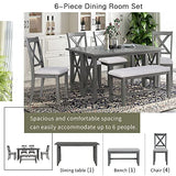 Merax 6 Piece Dining Room Table Set, Rustic Farmhouse Dining Room Foldable Table with 4 Upholstered Chairs and Bench, Solid Wood Kitchen Dining Table Set for 6 Persons (Gray) Merax