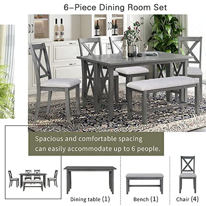 Merax 6 Piece Dining Room Table Set, Rustic Farmhouse Dining Room Foldable Table with 4 Upholstered Chairs and Bench, Solid Wood Kitchen Dining Table Set for 6 Persons (Gray) - WoodArtSupply