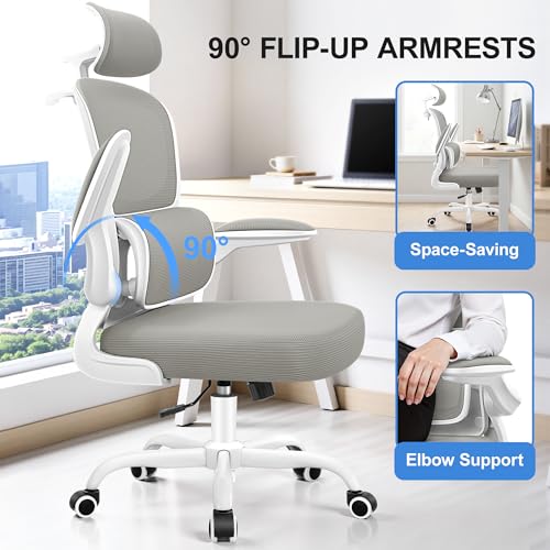 ALLGOD Ergonomic Office Chair, Mesh Desk Chair with Lumbar Support, High Back Home Office Chair with Adjustable Headrest and Flip-Up Arms, Comfortable Computer Chair, Thick Cushion, 300 LBS, LightGray ALLGOD