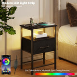 TRIFEBLE Night Stand Set 2, End Table with Charging Station, LED Bedside Table with Fabric Drawer for Bedroom, 3-Tier Side Table with Open Shelf, Black TRIFEBLE