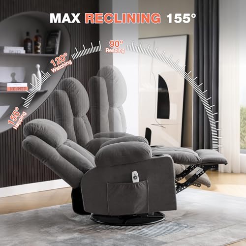 BOSMILLER Swivel Rocker Recliner Chair with Vibration Massage and Lumbar Heating Ergonomic Lounge Chair for Living Room with Rocking Function and Side Pocket, 2 Cup Holders, USB Charge Port