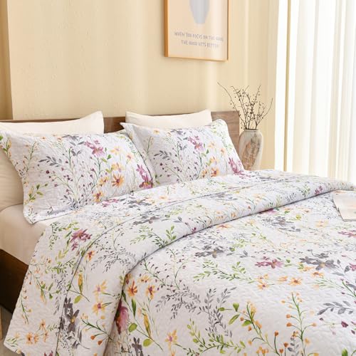 Sanracie 100% Cotton Quilt King Bedding Set(110"x98")-Floral Quilted Bedspreads Set,3pcs Yellow Wild Flower Botanical Printed Pattern Quilt Bedding Coverlet Summer Soft Lightweight Aesthetic Bedding Sanracie