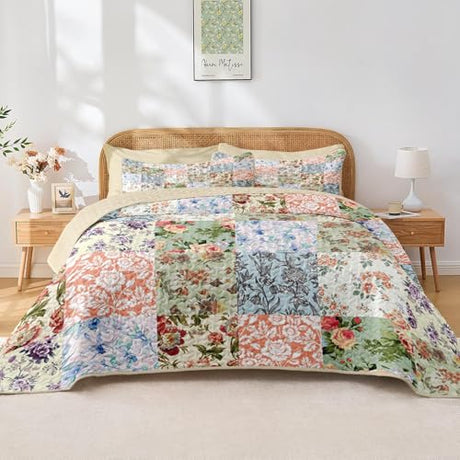Pamnest Quilt Set King Size, Vintage Patchwork Floral 3 Pcs Soft Bed Cover Bedding Set, Boho Mid Century Lightweight Bedspread Coverlet with 2 Pillow Sham for All Season Pamnest