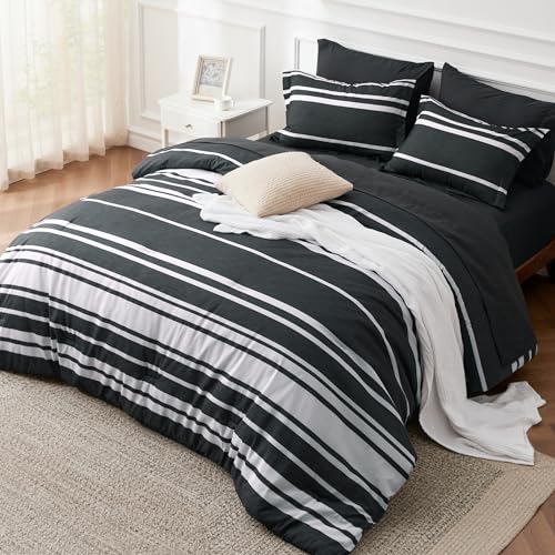 Bedsure Full Comforter Set 7 Pieces, Black Striped Bedding Set for All Seasons, Reversible, Cationic Dyeing Bed in a Bag with Comforter, Sheets, Pillowcases & Shams Bedsure