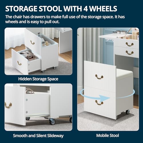 FURSUN 3-in-1 Vanity with Flip Mirror & Lights, Fluted Compact Vanity Table with 3 Drawers, Storage Compartment and Rolling Stool, Modern Small Makeup Vanity for Bedroom, Powder Room, Solid White FURSUN