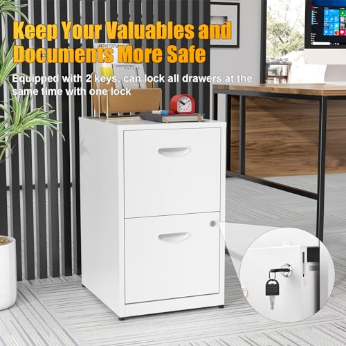 2 Drawer File Cabinet with Lock, Two Drawer Vertical Filing Cabinets, 18" Deep Steel Filing Cabinet for Home Office, Light Duty Metal White Filing Cabinet for Letter-Size Files - Assemly Required MetalMax