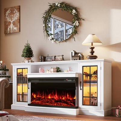 OneBlis 70 Inch Fireplace TV Stand for TVs up to 80", Rustic Media Entertainment Center Console Table with Glass Door Closed Storage, 3-Sided Glass Fireplace, White