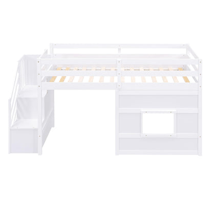 Harper & Bright Designs Twin Size Low Loft Bed with Playhouse and Storage Stairs in White - WoodArtSupply