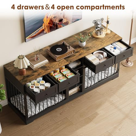 GarveeHome 82" Double Dog Crate Furniture, Large Dog Kennel Indoor for 2 Dogs, Heavy Duty Wooden Dog Crate TV Stand with 4 Drawers and Shelves, Black GarveeHome