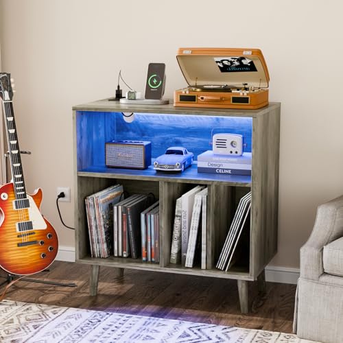 VINGLI Record Player Stand with Open Vinyl Storage, Mid-Century Album Storage Table with LED Light up to 300 Albums, Vinyl Record Player Shelf with Power Outlet for Living Room, Grey Oak VINGLI