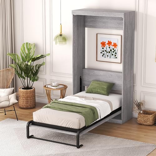 YOPTO Twin Size Murphy Bed Chest with Wardrobe and Drawers,Multifunctional Storage Cabinet Wall Bed,Folding Hidden Bed Frame W/Metal Structure,Space Saving,for Kids Bedroom,Guest Room,Gray YOPTO
